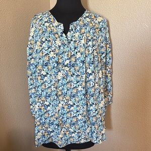 J. Jill Blue and White 3/4 Sleeve Blouse with Mandarin Collar